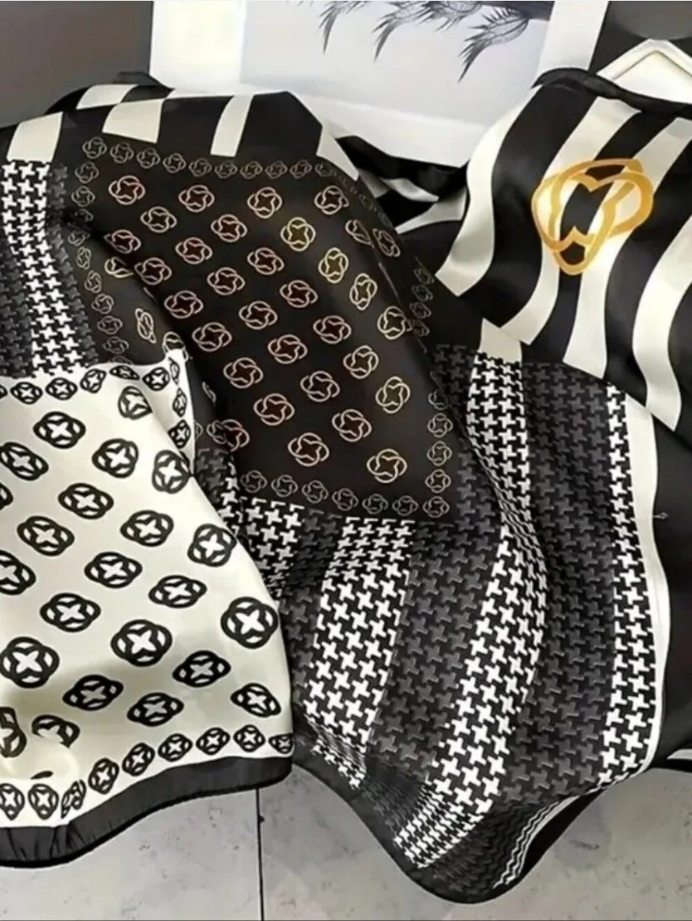 Black & Cream Striped Logo-Pattern Silk Scarf